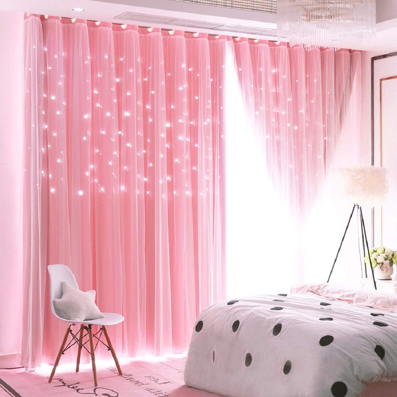 UNISTAR 2 Panels Stars Blackout Curtains for Bedroom Girls Kids Baby Window Decoration Double Layer Star Cut Out Aesthetic Living Room Decor Wall Home Curtain,W52 x L63 Inches,Pink - Image 1